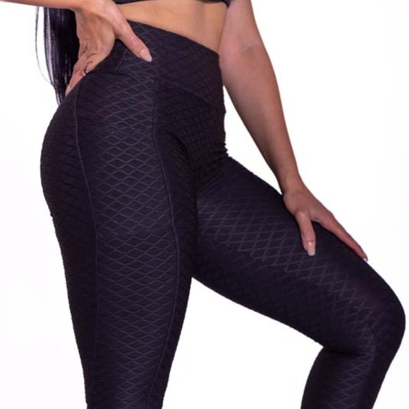 High-Waisted Bubble Yoga Athletic Hip Pockets Black Leggings - Picture 3 of 5